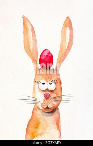 Osterkaninchen mit einem roten Ei zwischen den Ohren Aquarellfarbe Stockfoto
