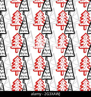 Weihnachtsbaum Doodle Nahtloses Muster. Winter Stylized Simple Fir Trees Endless Design zum Einwickeln von Papier, Scrapbooking, Textilien und Tapeten. Stock Vektor