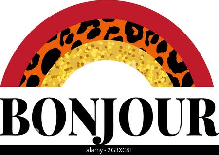 Dekorativer BONJOUR HELLO Text mit Leopardenhaut Stock Vektor