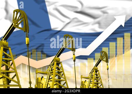 Konzept der finnischen Ölindustrie, Illustration der Industrie - steigende Grafik im Hintergrund der finnischen Flagge. 3D-Illustration Stockfoto