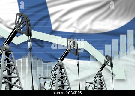 Konzept der finnischen Ölindustrie, industrielle Illustration - tiefere Grafik im Hintergrund der finnischen Flagge. 3D-Illustration Stockfoto