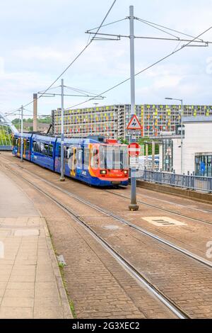 Die moderne Straßenbahn fährt nun am Park Hill-Anwesen in Sheffield vorbei, das als Ersatz für viktorianische Slums errichtet wurde. Urban Splash hat Park Hill wieder zum Leben erweckt Stockfoto