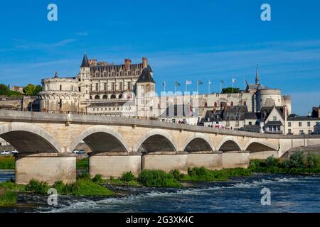 Amboise (Mittelfrankreich): Das Chateau d’Amboise und die Stadt am Ufer der Loire. Überblick über die Brücke über die Loire, das castl Stockfoto