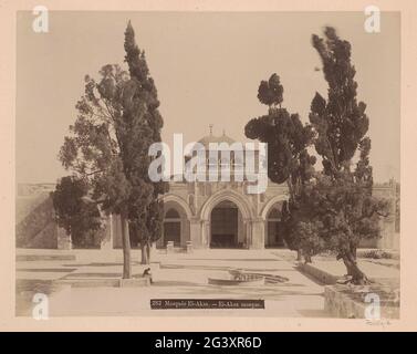 Außenansicht des Al-Aqsa Mockee auf dem Tempelberg in Jerusalem; Mosquée Al-Aqsa. - El-Aksa Moschee .. Teil des Reisealbums mit Fotos von Jerusalem und anderen biblischen Orten. Stockfoto