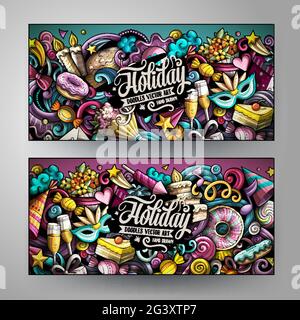 Cartoon Vektor Doodle Set von Geburtstag Banner Vorlagen. Corporate Identity für die Verwendung auf Einladungen, Karten, Apps, Branding, Flyern, Grußkarten, Stock Vektor