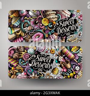Cartoon Vektor Doodle Satz von Desserts Banner Vorlagen. Corporate Identity für die Verwendung auf Einladungen, Karten, Apps, Branding, Flyern, Grußkarten, Stock Vektor