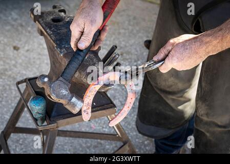 In Großbritannien arbeitet er am heißen Schuhschlagen eines Pferdes. Den beheizten Schuh auf einen Amboss hageln. Stockfoto