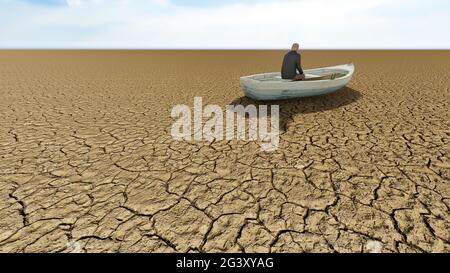 Konzept oder konzeptuelle Wüstenlandschaft mit einem Mann im Boot als Metapher für globale Erwärmung und Klimawandel. Eine Warnung für die Notwendigkeit, unsere zu schützen Stockfoto
