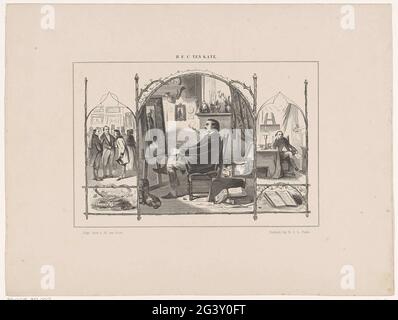 Triptychon mit Szenen aus dem Leben eines Malers. In der Mitte betrachtet ein Maler sein eigenes Werk in seinem Atelier. Links schüttelt der Maler in einem Atelier mit einer Reihe von Männern die Hände. Rechts ist der Maler die Kritik, die bei der Arbeit abgegeben wurde. Stockfoto