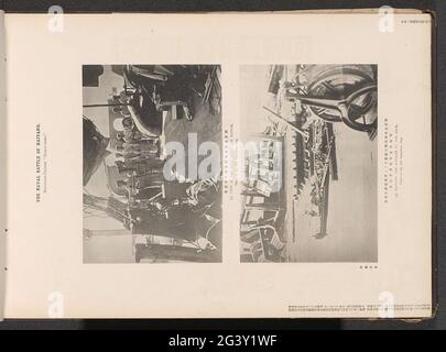 Deck des sei-Kyo Maru nach der Schlacht am Yalu River; Blick auf das Deck nach der Schlacht; Aufzeigen der Schäden am Deck. Über der Besatzung der sei-Kyo Maru auf dem Deck, unter dem Schaden am Deck. Stockfoto