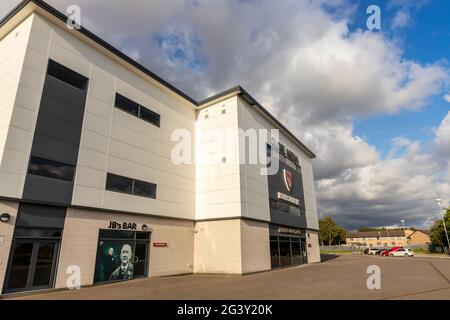 Das Mazuma Stadium, früher die Globe Arena, ist ein Fußballstadion in Morecambe, dem Heimstadion des FC Morecambe Stockfoto