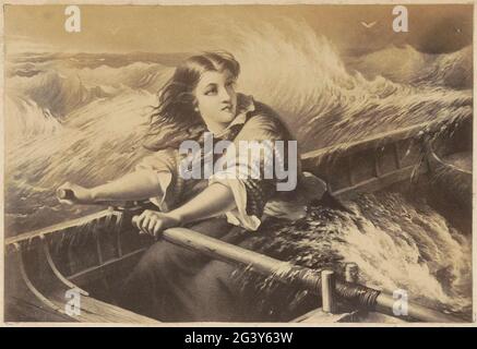 Die Fotoproduktion eines (vermutlich) Druckers zeigte eine Ruderin im Sturm. Teil des Albums mit Bildern von Sehenswürdigkeiten und Landschaften in England und von Kunst Stockfoto