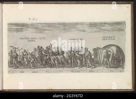 Triumph Prozession mit Männern, Ochsenkästen und Elefanten; der Bello Iudico Valerius Maximus Libro 2 Cap. 3.; römische Triumphe; Amplissimi Ornatißimiq Triumphi, UTI. L. Pavlvs de Rege Macedonum Perse Capto, P. Africanus Aemilianus de Carthage: Nensibus Excisis. C. N. Pompeius Magnus Ex Oriente, Julius August: TUs, Vespasian (...). Prozession von Männern, Ochsen und Elefanten. Titel in lateinischer Sprache in Undermarge. Print ist Teil eines Albums. Stockfoto
