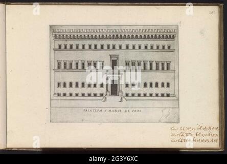 façade eines Palazzo in Rom; Palatium S. Marci de Urbe; berühmte Gebäude in Rom und darüber hinaus; Palazzi Diversi Nel'alma Cità di Roma, et altre. Print ist Teil eines Albums. Stockfoto