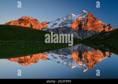 Wellhorn und Wetterhorn im Alpenglow spiegeln sich im Bergsee, Grosse Scheidegg, Grindelwald, Berner Oberland, UNESCO Weltnaturerbe Stockfoto