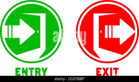 Durch die geöffnete Tür ein- und aussteigen. Ein- und Ausstiegsschild. Vektor Stock Vektor