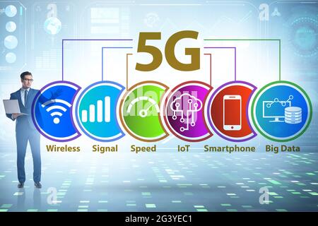 Konzept der schnellen 5g-Netze mit Geschäftsmann Stockfoto