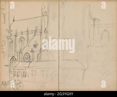 Blick auf den Damm in Amsterdam mit der neuen Kirche. In nördlicher Richtung gesehen, links vom Königspalast und in der Mitte der neuen Kirche. Vordere Handwagen. Seite 43 und Seite 44 aus einem Skizzenbuch mit 46 Blättern, hergestellt in Amsterdam, Haarlem und Antwerpen. Stockfoto