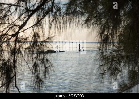 Silhouette von zwei Fischern und Hunden, die auf Felsen im Wasser vor Ong lang Beach, Ong lang, Phu Quoc Island, Kien Giang, Vietnam, Asien Stockfoto