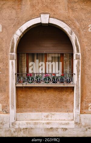 Nahaufnahmen von Gebäudefassaden in Venedig, Italien. Ein Steinbogen über einem Holzfenster an der Fassade des Gebäudes. Weiße Vorhänge in Stockfoto