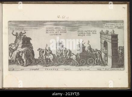 Triumphzug mit Elefanten, Triumphwagen und einem Triumphbogen; der Iure Triumphali Ioannes Zonara historiam Tomo 2 Plutarch; römische Triumphe; Amplissimi Ornatißimiq Triumphi, UTI. L. Pavlvs de Rege Macedonum Perse Capto, P. Africanus Aemilianus de Carthage: Nensibus Excisis. C. N. Pompeius Magnus Ex Oriente, Julius August: TUs, Vespasian (...). Prozession von Elefanten, Triumphwagen, die von Pferden und Frauen mit Kindern, die unter einem Triumphbogen gehen fortgesetzt werden. Titel in lateinischer Sprache in Undermarge. Print ist Teil eines Albums. Stockfoto