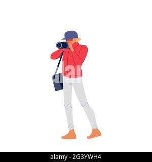Fotografen oder Paparazzi, die Fotos machen. Fotojournalist, Kameramann, der Krieg und Konflikte, Straßenunruhen dokumentiert. Charakter Journalist Reporter machen Stock Vektor