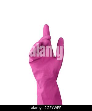 Hand in einem Gummi rosa Handschuh für die Reinigung auf weißem Hintergrund Stockfoto