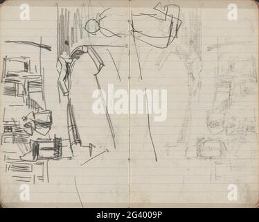 Schiff in einem Kanal. Möglicherweise die Lauriergracht oder Prinsengracht in Amsterdam. Seite 17 und Seite 18 aus einem Skizzenbuch mit 38 Blättern. Stockfoto