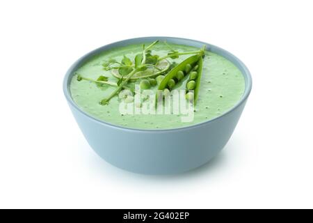 Teller Erbsensuppe isoliert auf weißem Hintergrund Stockfoto