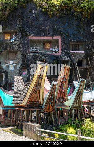 Häuser der Toten vor dem Loâ €™ko Mata Rock in Tana Toraja Stockfoto