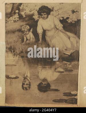 Fotoproduktion von (vermutlich) einem Druck einer Mutter mit Putto am Wasser. Teil des Familienalbums mit Fotos einer niederländisch-indischen Familie und aus einer Zuckerfabrik in PurnWorejo. Stockfoto