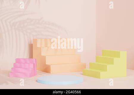Podium oder Podest mit Treppe für Produkte oder Werbung auf pastellbeigem Hintergrund mit tropischem Blattschatten, 3d-Darstellung rendern Stockfoto