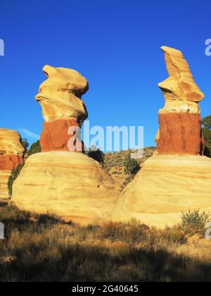 Zwei seltsam geformte Sandstein-Hoodoos, gegen den klaren blauen Nachmittags-Himmel im Devils Garden, Escalante, Utah, USA Stockfoto