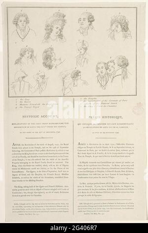 Schlüssel auf dem Druck: Louis XVI wird von seiner Familie getrennt. Oben: Porträts der verschiedenen Figuren, die auf dem Druck 'Lodewijk XVI ist von seiner Familie getrennt' erscheinen. Dort und eine erläuternde Liste von Zahlen. Unten: Text im Buchdruck in Englisch und Französisch. Stockfoto