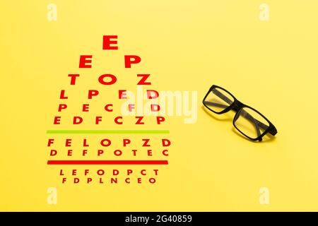 Flache Verlegung des Sehtests, otische Sichtprüfung mit Brille Stockfoto