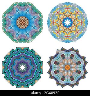 Handgemaltes Kunstdesign. Farbe handgezeichnete Illustration Set von 4 Mandalas für die Dekoration Stock Vektor