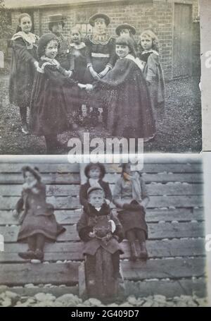 Authentische Vintage-Fotografien von Kindern, die zu Beginn des 20. Jahrhunderts spielen und zusammen sitzen. Konzept der Kindheit, Nostalgie, historisch Stockfoto