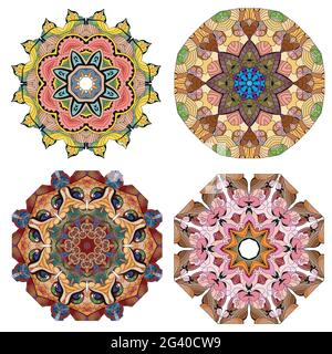 Handgemaltes Kunstdesign. Farbe handgezeichnete Illustration Set von 4 Mandalas für die Dekoration Stock Vektor
