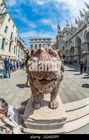 Statue eines Löwen auf dem Markusplatz in Venedig Stockfoto