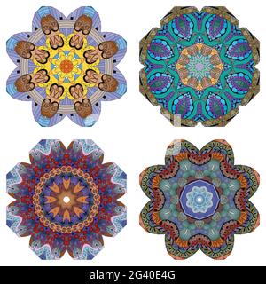Handgemaltes Kunstdesign. Farbe handgezeichnete Illustration Set von 4 Mandalas für die Dekoration Stock Vektor