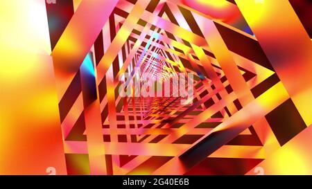 Der Computer hat einen irisierenden Tunnel erzeugt. 3d-Rendering von Tunneln aus dreieckigen Teilen. Abstrakter Hintergrund Stockfoto