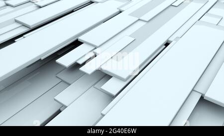 3d-Rendering von weißen, glänzenden rechteckigen Platten auf verschiedenen Ebenen. Computergenerierter abstrakter geometrischer Hintergrund. Stockfoto