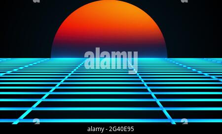 Retro-Landschaft der 80er Jahre. Computer erzeugt futuristische Sonne und Oberfläche des Gitters. 3D-Rendering Retro-Hintergrund. Stockfoto