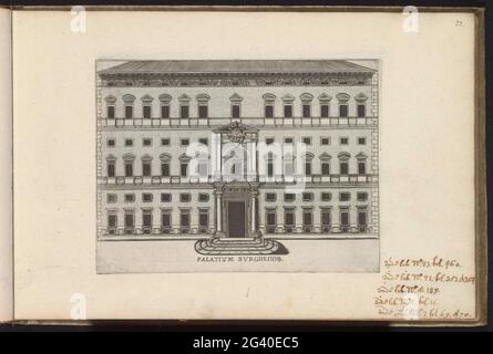 façade des Palazzo Borghese in Rom; Palatium Burghesior; berühmte Gebäude in Rom und darüber hinaus; Palazzi Diversi Nel'alma Cità di Roma, et altre. Print ist Teil eines Albums. Stockfoto