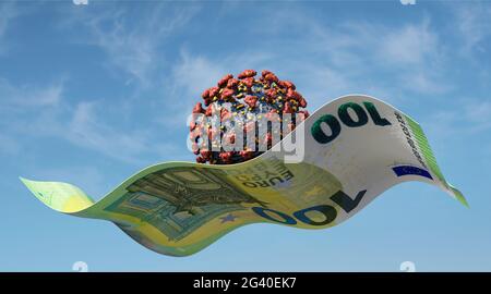 Das Virus fliegt auf einem 100-Euro-Schein Stockfoto