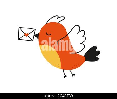 Niedlicher Vogel trägt einen Liebesbrief. Der Postbote Vogel. Valentinskarte. Vektorgrafik in handgezeichneter Form auf weißem Hintergrund Stock Vektor