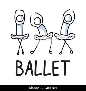 Stick Figuren Ikone des Balletttanzes. Tänzer Ballerina und Ballerino Piktogramm mit Text. Stock Vektor