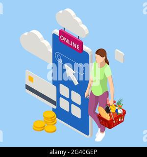 Isometrische Frau online bestellen im Internet Supermarkt. Lebensmittelgeschäft Online-Shopping-Anwendung auf dem Smartphone-Bildschirm mit Lebensmitteln zu Hause. Einkaufstasche mit Stock Vektor