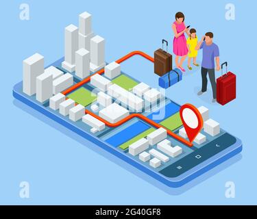 City App, Reise-Backpacker. Isometrisches gps-Navigationskonzept. Tourist reist mit seinem Smartphone mit zuvor gespeicherten Lieblingsplätzen auf der Karte. Stock Vektor