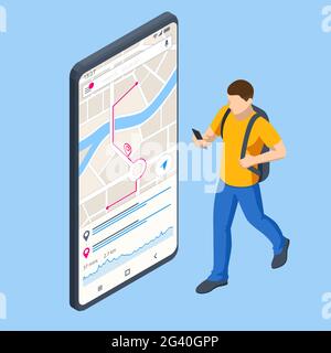 Isometrisches gps-Navigationskonzept. Tourist reist mit seinem Smartphone mit zuvor gespeicherten Lieblingsplätzen auf der Karte. Routennavigation auf der Stadtkarte Stock Vektor